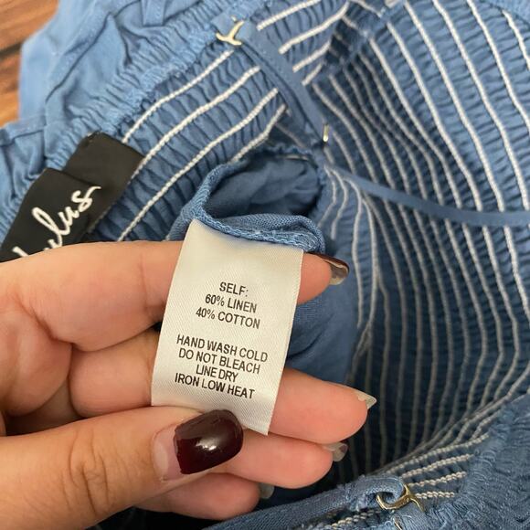 Lulu's Take A Wonder Denim Blue Smocked Linen Blend Wide-Leg Jumpsuit Size XS - Picture 8 of 10